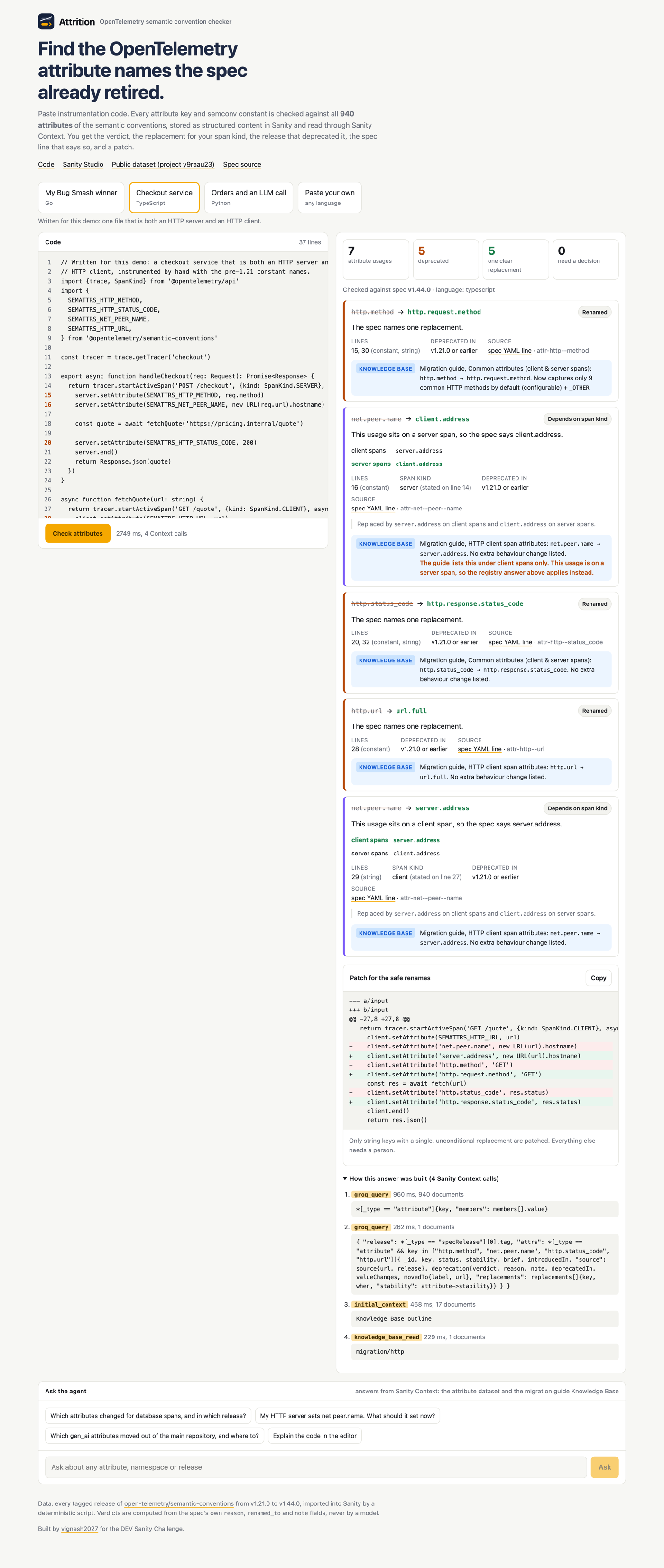 Scan of a TypeScript checkout service: net.peer.name resolves to client.address on the server span and server.address on the client span