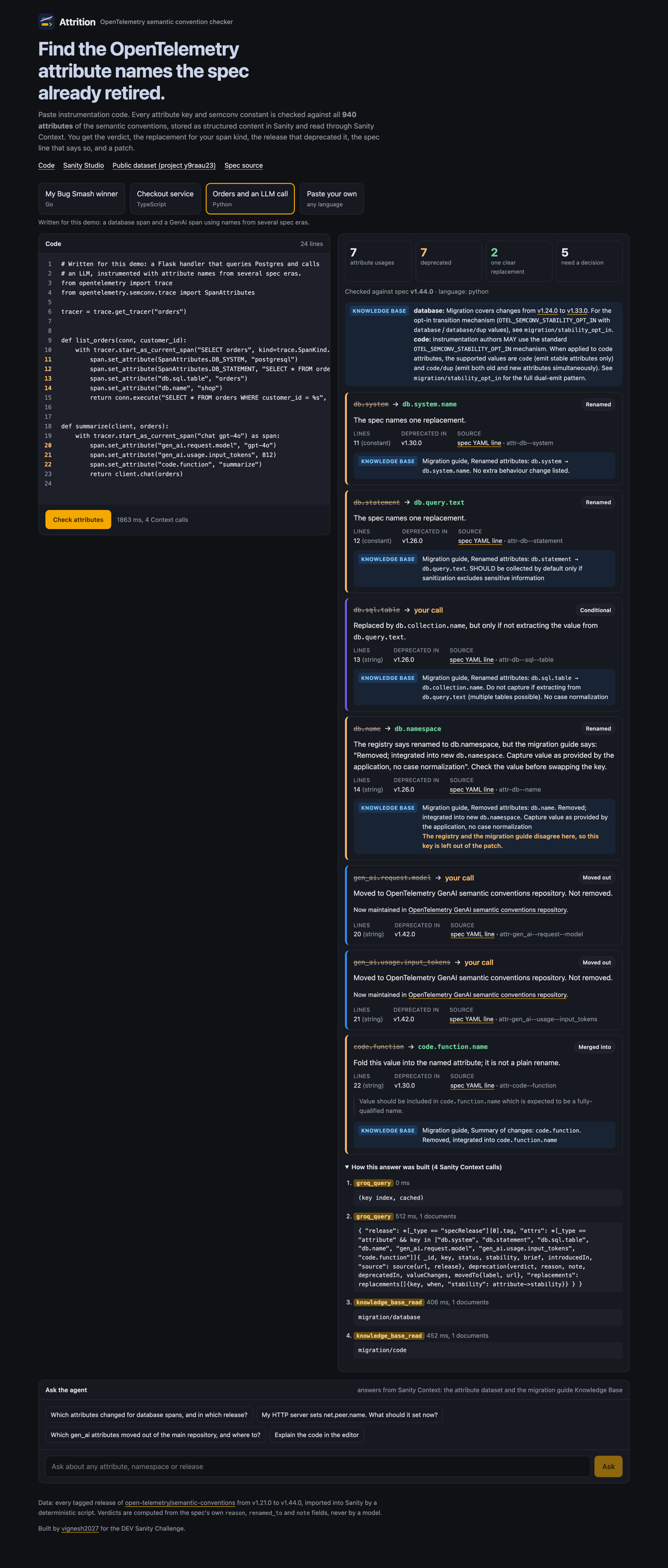 Scan of a Python service with Knowledge Base migration guidance on each finding