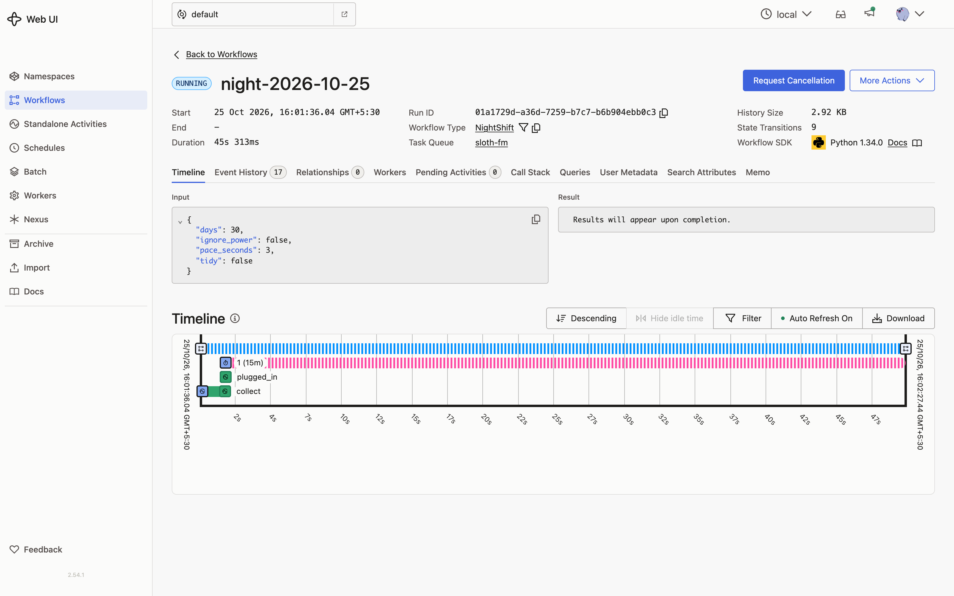 The Temporal web UI showing the NightShift workflow night-2026-10-25 as running. Its timeline shows the collect and plugged_in activities, followed by a 15 minute timer waiting for the laptop to be plugged in